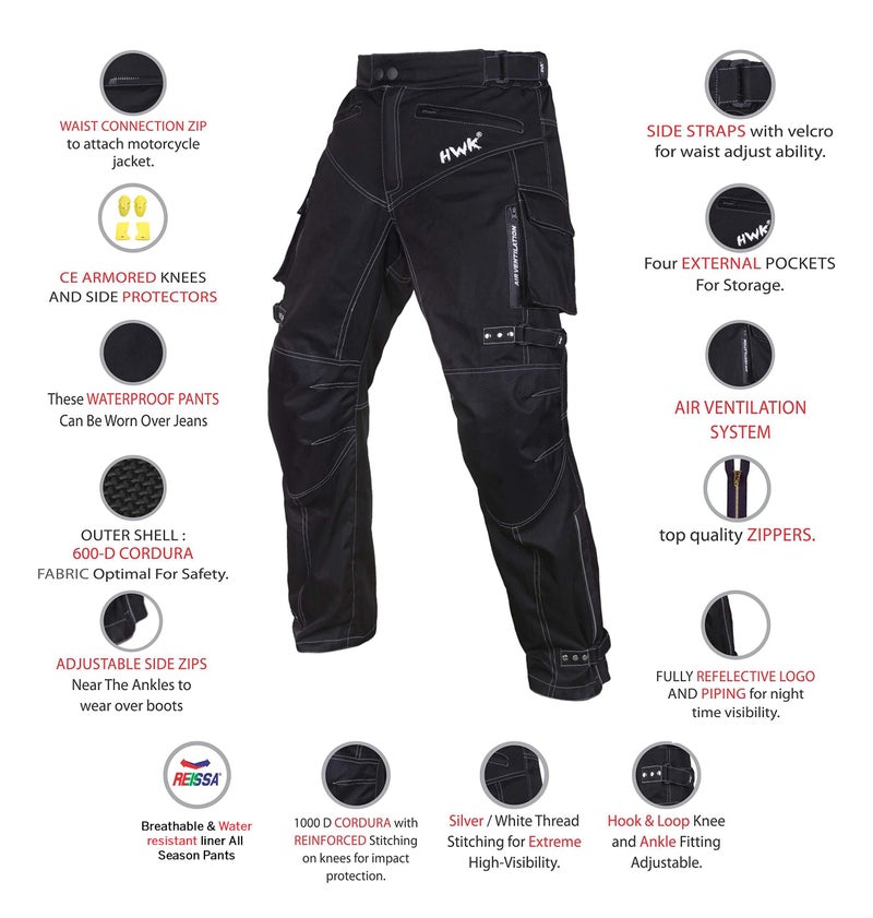 HWK Motorcycle Pants for Men and Women with Water Resistant Cordura Textile Fabric for Enduro Motocross Motorbike Riding & Impact Armor, Dual Sport Motorcycle Pants with 40"-42" Waist, 32" Inseam - Image 2
